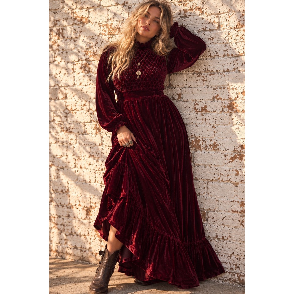 Vintage Burgundy Velvet Maxi Dress Ruffle High Neck Smocked Romantic Gothic 20/L